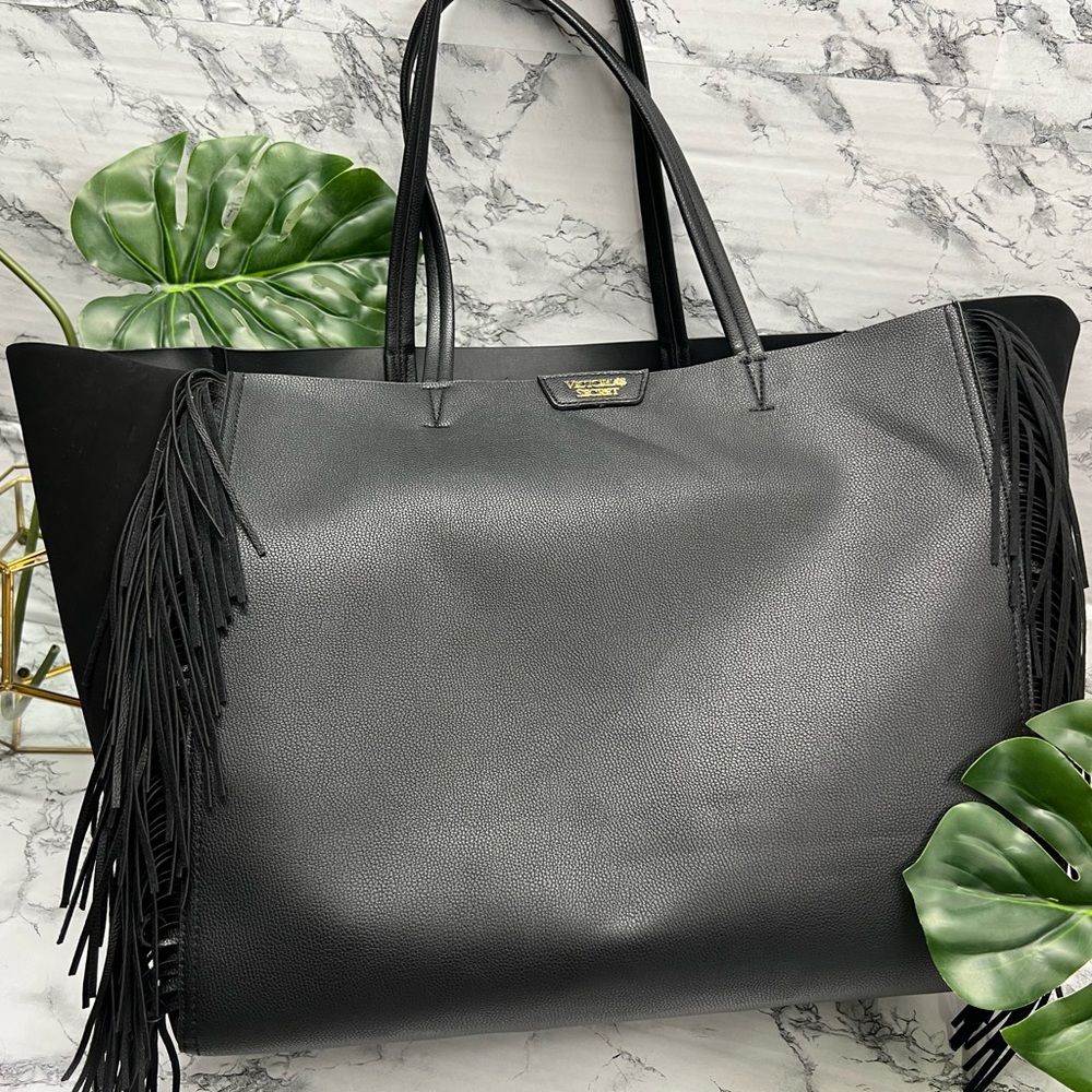 Victoria Secret Black Extra Large Tote with fringe details on both sides